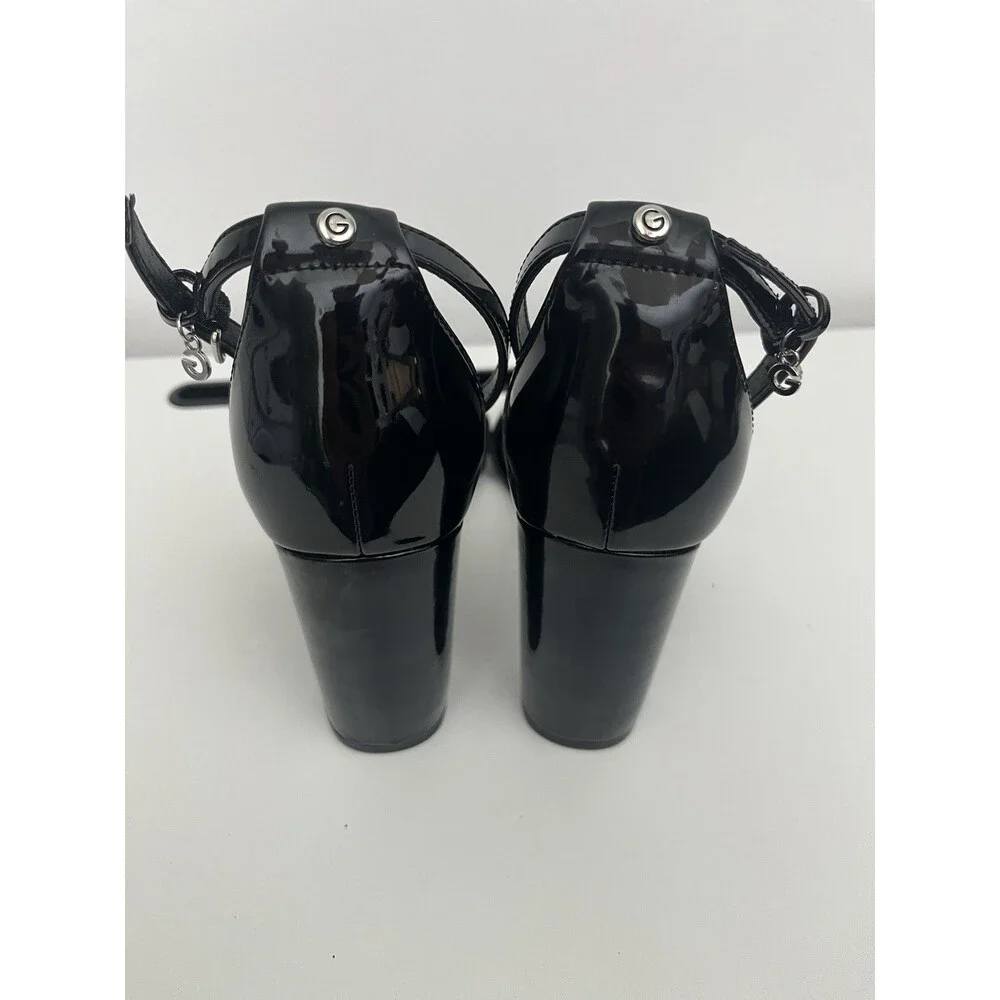 G By Guess Women’s Black Leather Buckle Open Toe Ankle Strap Heels Size 8.5 M